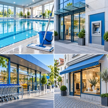 Schwimmbad, Bank, Supermarkt und Geschäft – illustratives Bild