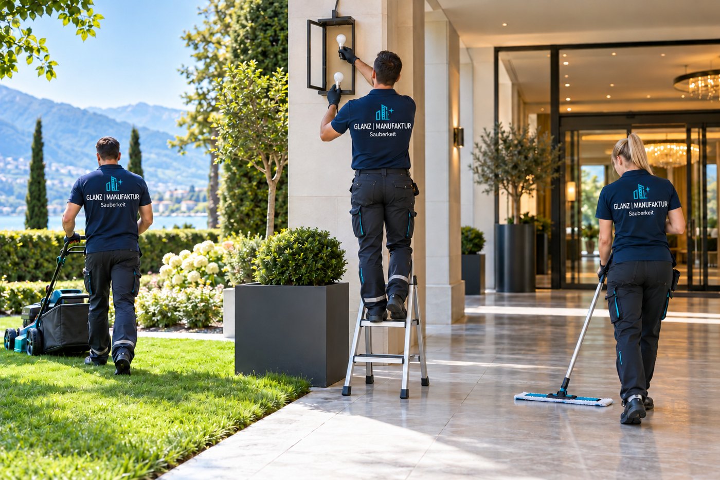 Illustrative Darstellung: zwei Mitarbeiter bei Gartenpflege und Glühbirnenwechsel sowie eine blonde Mitarbeiterin mit Mopp in Glanz-Manufaktur-Shirts